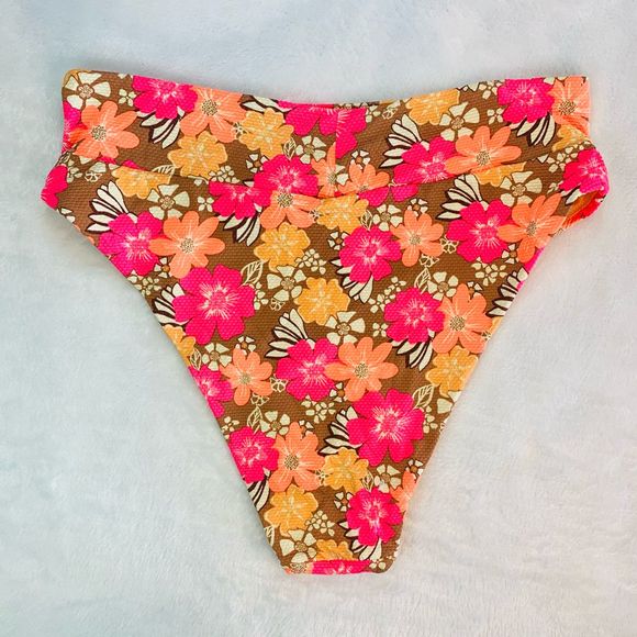 Aerie Neon Orange & Pink Floral High Waist Cheeky Bikini Swim Bottoms - Picture 2 of 9